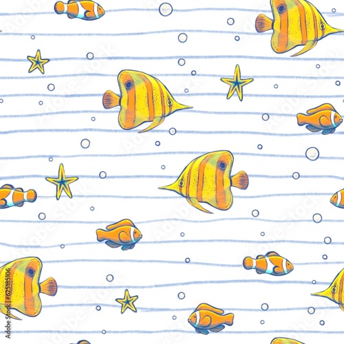 Yellow butterflyfish orange clownfish starfish swim ocean with bubbles Funny childish summer seamless pattern