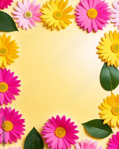 Flowers composition. Frame made of colorful flowers on yellow background. Flat lay  top view  copy space Generative AI