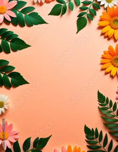 Flowers and leaves on orange background. Flat lay, top view Generative AI