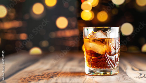 Side view on soda whiskey cocktail with ice cubes in the old fashion glass on the wooden table with blurry bokeh lights background