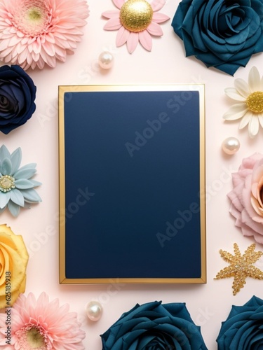 Top view of blue frame with flowers and pearls on pink background Generative AI