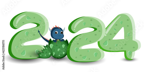 Adorable baby dragon in a dragon egg.2024 year. on white isolated background