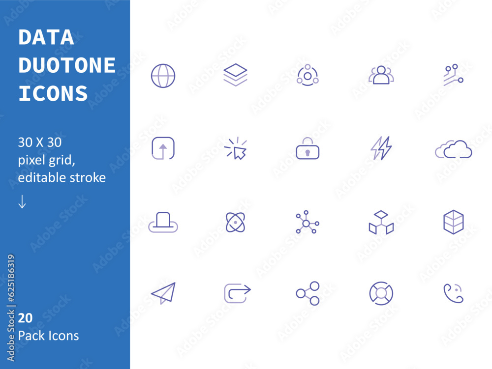 Data Duotone Icon Set, Minimal Vector Illustration, Simple Outline Sign of UI/UX, Editable Stroke