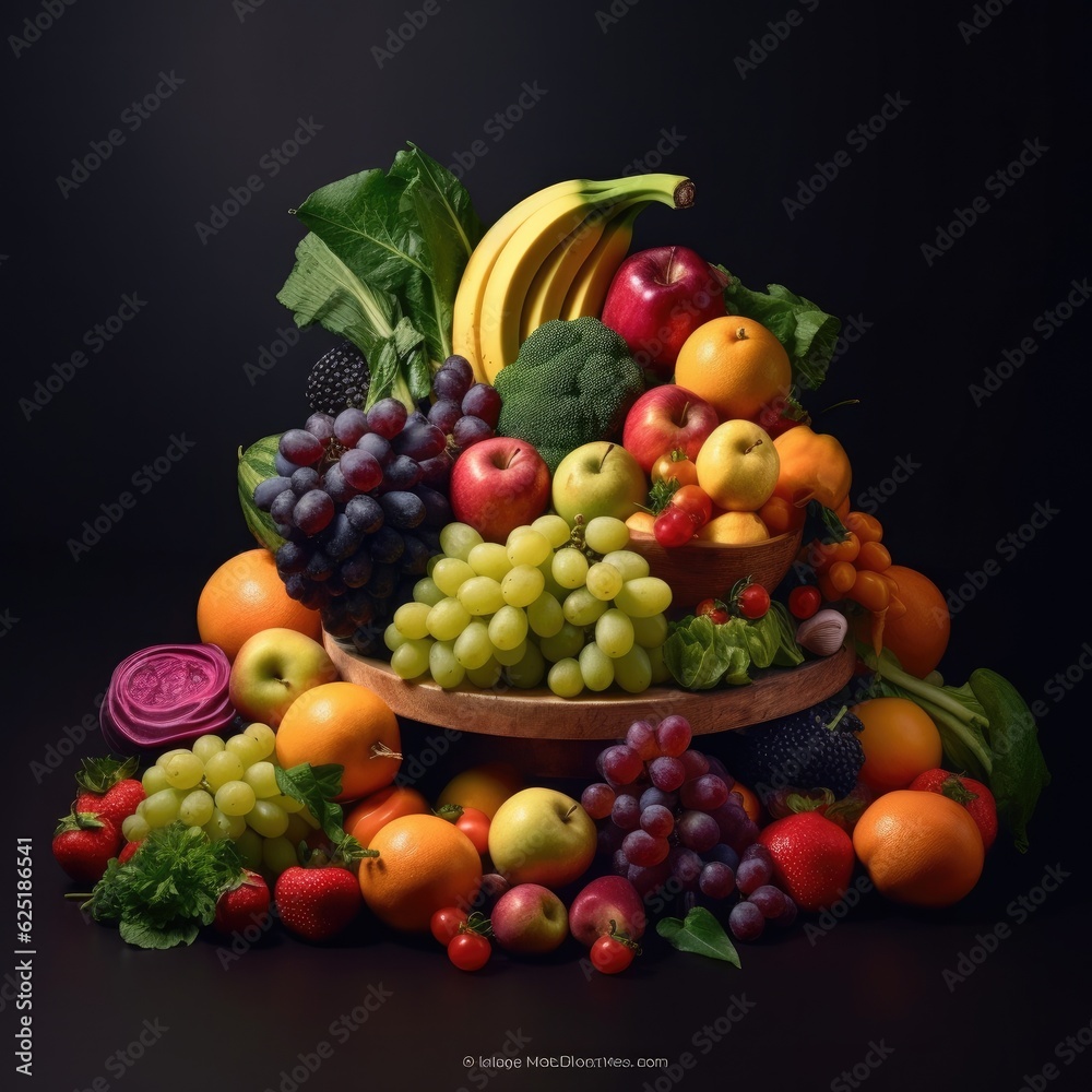 Fresh fruit and vegetables on table. Genertive AI.