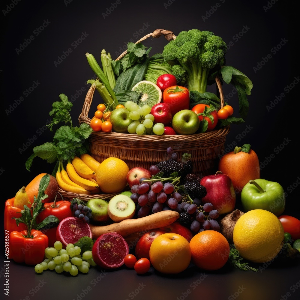 Fresh fruit and vegetables on table. Genertive AI.