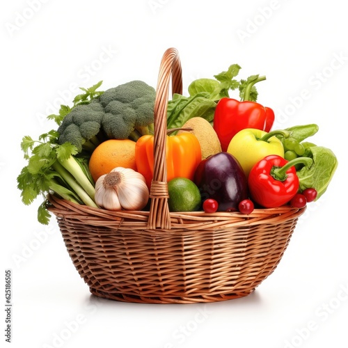 Assorted organic vegetables and fruits in wicker basket. Generative AI.