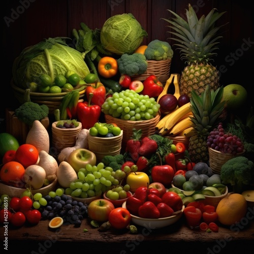 Fresh fruit and vegetables on table. Genertive AI.