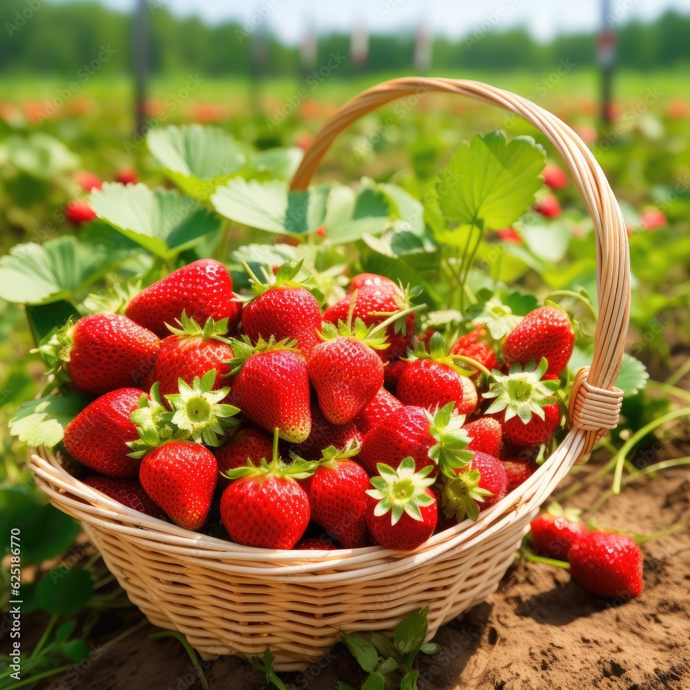 Strawberry field on fruit farm. Fresh ripe strawberry in white basket. Generative AI. Strawberry field on fruit farm. Fresh ripe strawberry in white basket. Generative AI.