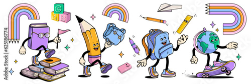 Back to school vector stickers set with walking funny cute comic characters. Lettering illustration for t-shirt print. Pencil, globe, backpack, educational creativity supplies. Vector illustration.	