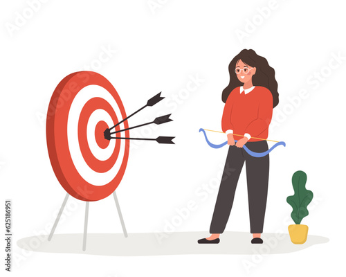 Female entrepreneur. Successful woman with bow shooting target with arrows. Financial or job goal achievement, motivation development. Career and leadership. Vector illustration in cartoon style.