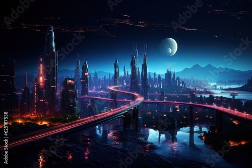 Night Neon Cyberpunk City concept. Sci-Fi Futuristic City Concept. Cyberpunk. Landscape Neon Futuristic City. Futuristic City Skyscraper. Made With Generative AI. 