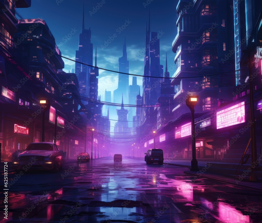 Fototapeta premium Night Neon Cyberpunk City concept. Sci-Fi Futuristic City Concept. Cyberpunk. Landscape Neon Futuristic City. Futuristic City Skyscraper. Made With Generative AI. 