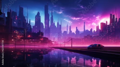 Night Neon Cyberpunk City concept. Sci-Fi Futuristic City Concept. Cyberpunk. Landscape Neon Futuristic City. Futuristic City Skyscraper. Made With Generative AI.  © John Martin