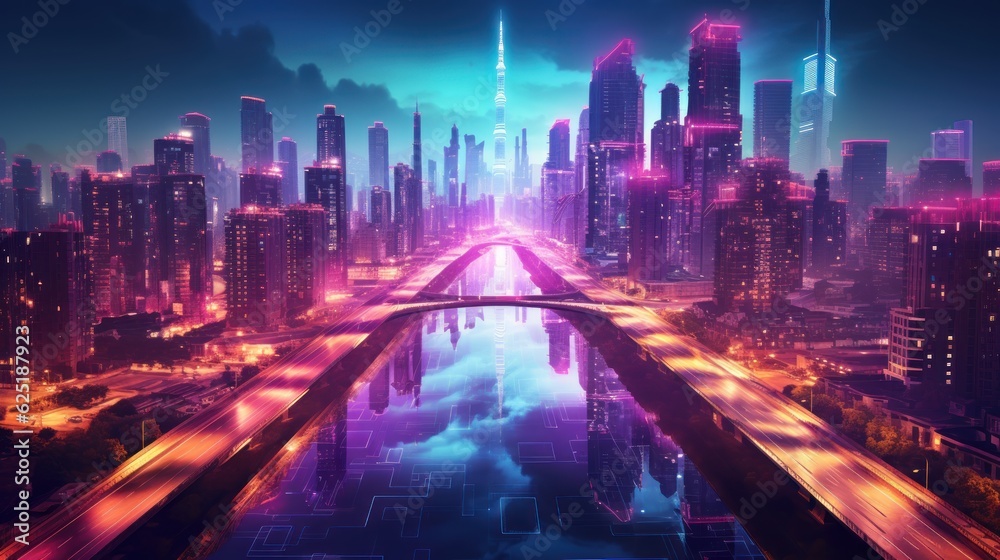 Night Neon Cyberpunk City concept. Sci-Fi Futuristic City Concept. Cyberpunk. Landscape Neon Futuristic City. Futuristic City Skyscraper. Made With Generative AI. 