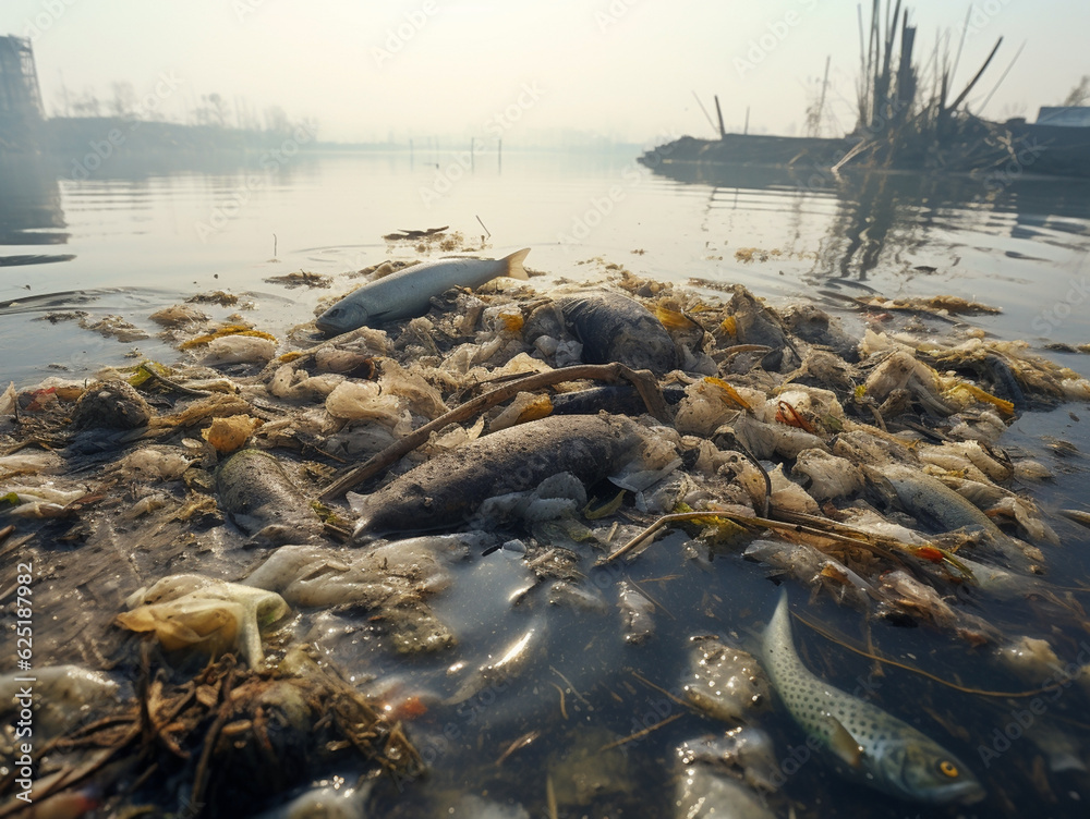 Dead fish in a polluted pond, poor ecology, environmental disaster ...