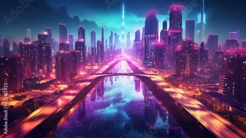Night Neon Cyberpunk City concept. Sci-Fi Futuristic City Concept. Cyberpunk. Landscape Neon Futuristic City. Futuristic City Skyscraper. Made With Generative AI. © John Martin