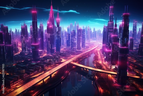 Night Neon Cyberpunk City concept. Sci-Fi Futuristic City Concept. Cyberpunk. Landscape Neon Futuristic City. Futuristic City Skyscraper. Made With Generative AI. 