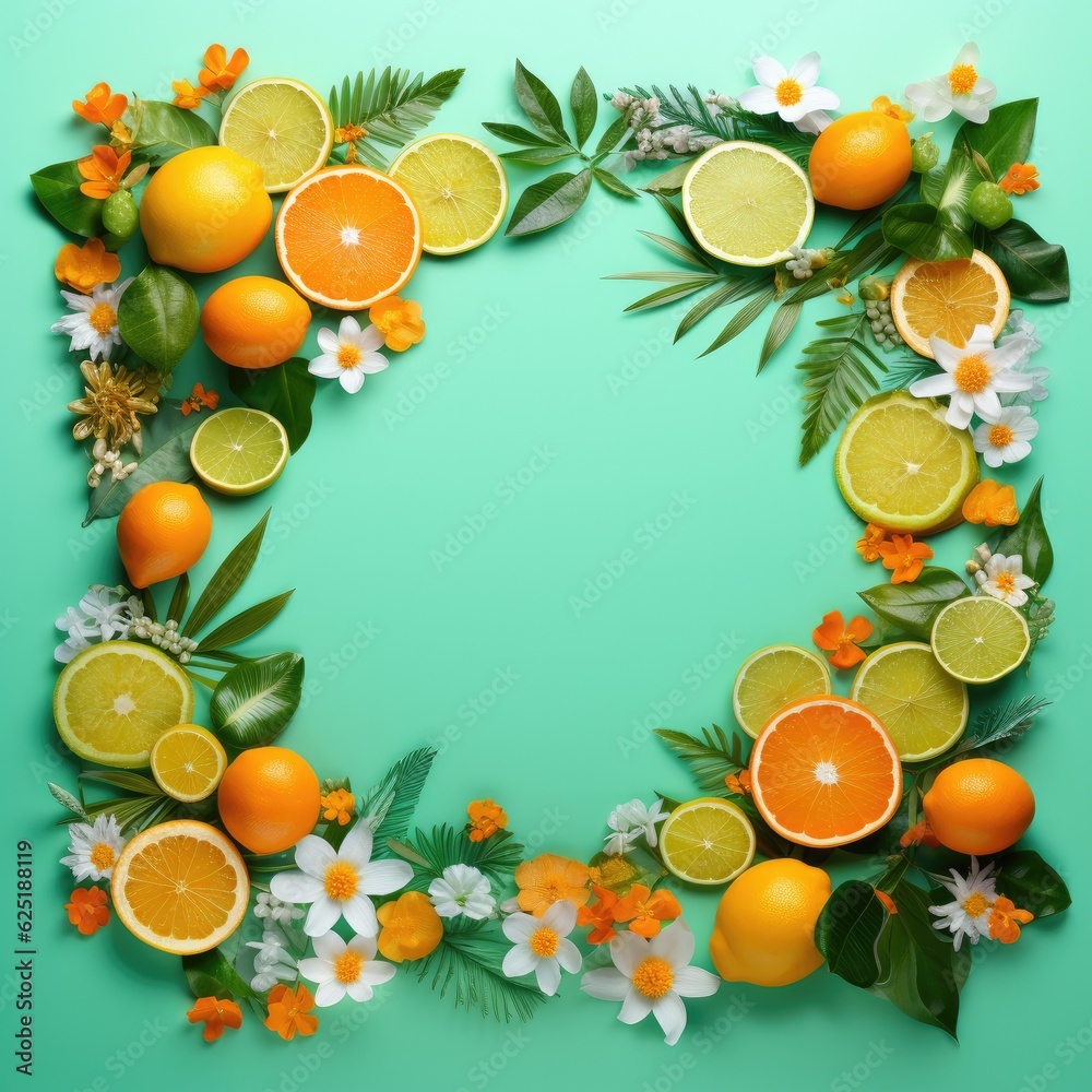 Summer tropical background with a space for a text, various fruits. Generative AI. Summer tropical background with a space for a text, various fruits. Generative AI.