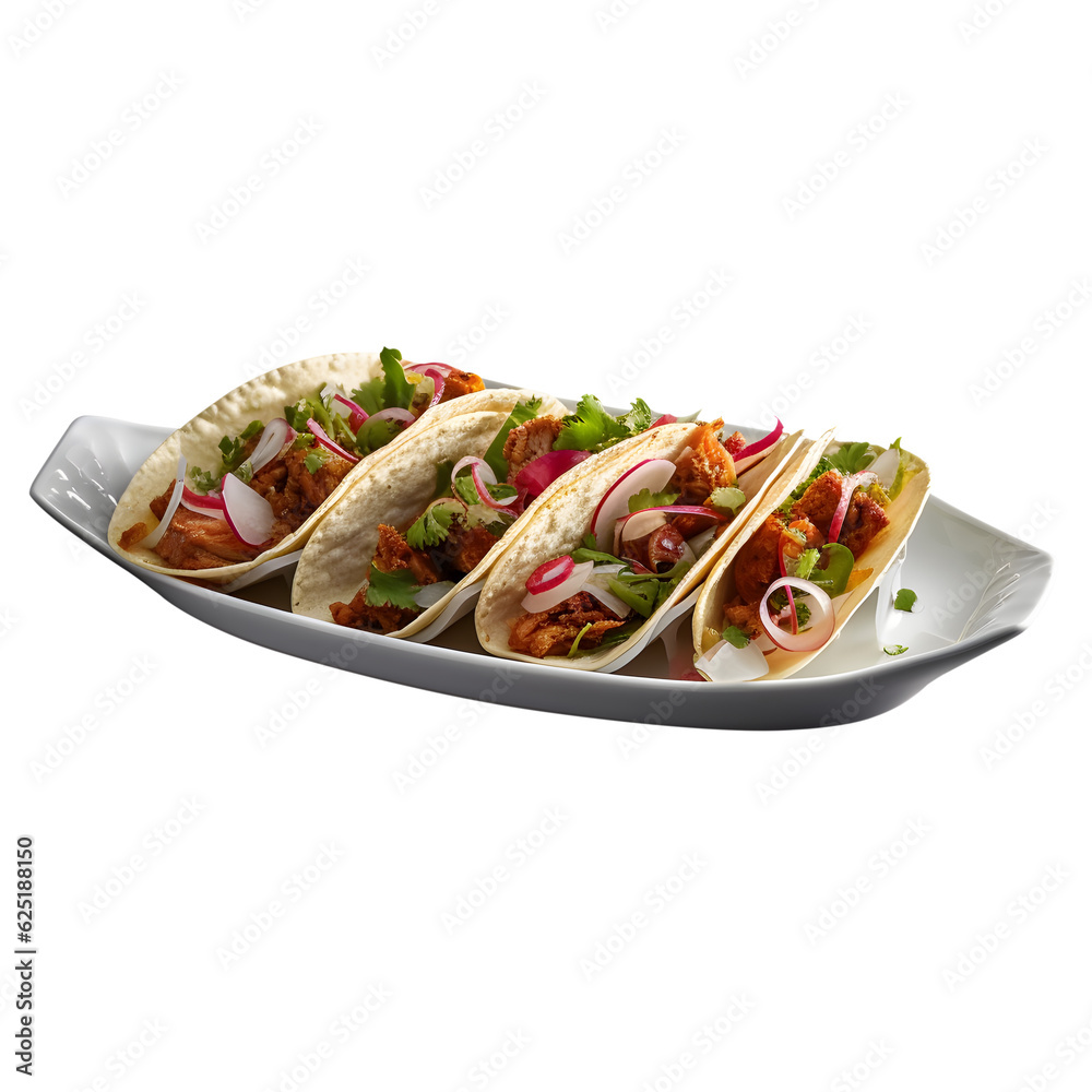 tacos, beautiful on a serving plate, delicious and warm, transparent background