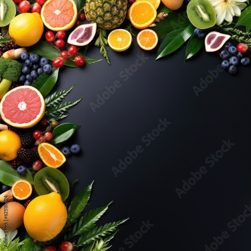 Summer tropical background with a space for a text  various fruits. Generative AI.