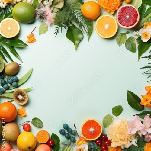 Summer tropical background with a space for a text, various fruits. Generative AI.