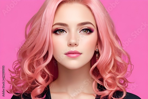 Woman with pink curly hairs ai generative art