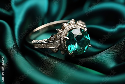 Green Emerald Fashion Engagement Diamond Ring on Green Satin Background. Luxury female jewellery, close-up. Emeralds Isolated. Emeralds. Macro. Gem. Selective focus. Made With Generative AI.
