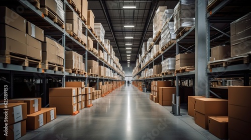 Rows of shelves with boxes in the warehouse. Created with Generative Ai technology.