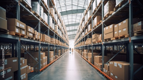 Rows of shelves with boxes in the warehouse. Created with Generative Ai technology. © Viktor