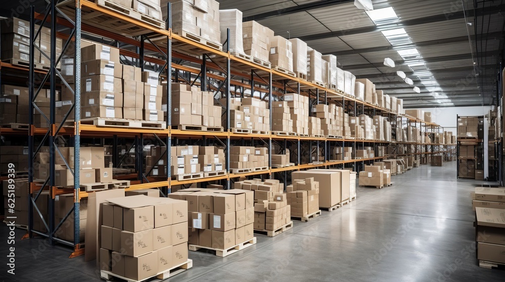 Rows of shelves with boxes in the warehouse. Created with Generative Ai technology.