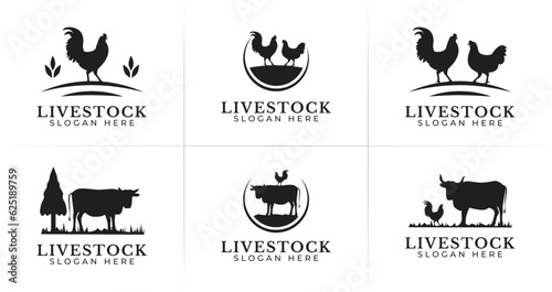 Set of livestock logo. Farm symbol with chicken, and cow concept