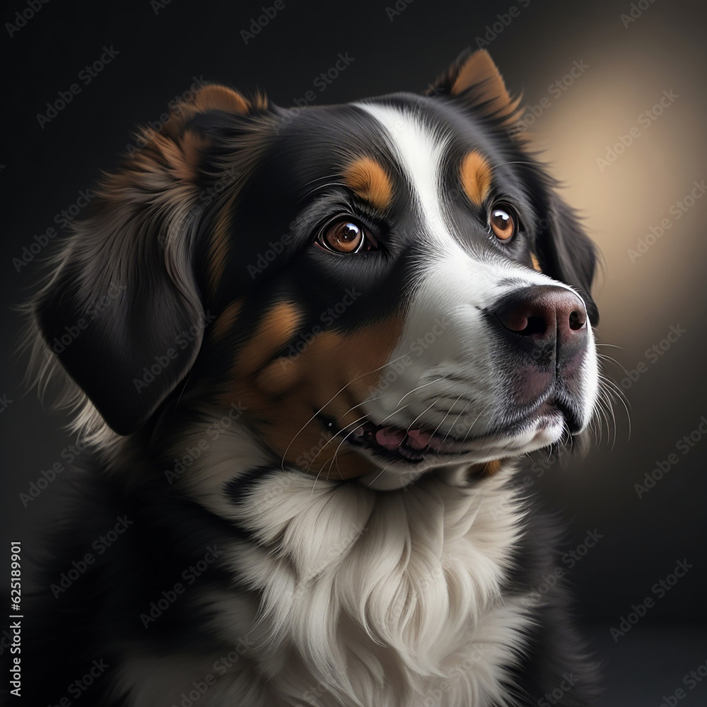 A large, hairy dog, with white and beige spots on its fur. A large, hairy dog, with white and beige spots on its fur.