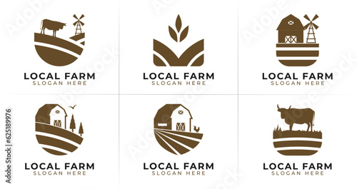 Set of local farm logo. Agriculture symbol with plant, cow, chicken, barn, windmill, and field icon