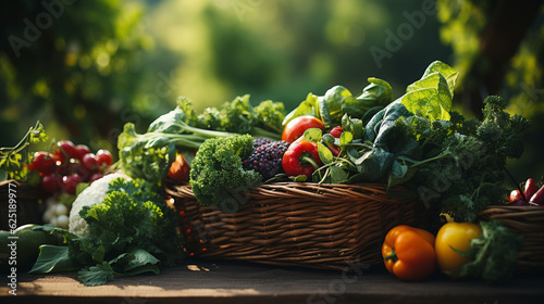 Fresh fruits and vegetables in a rustic basket, lifestyle, background, blurred Generative AI