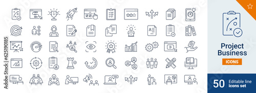 Project Business icons Pixel perfect. Presentation, business, seminar, partnership, goals, meeting, whiteboard, conference, plan icons. Vector photo