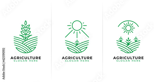 Minimal agriculture logo design. Farm symbol with sun, field, and plant concept