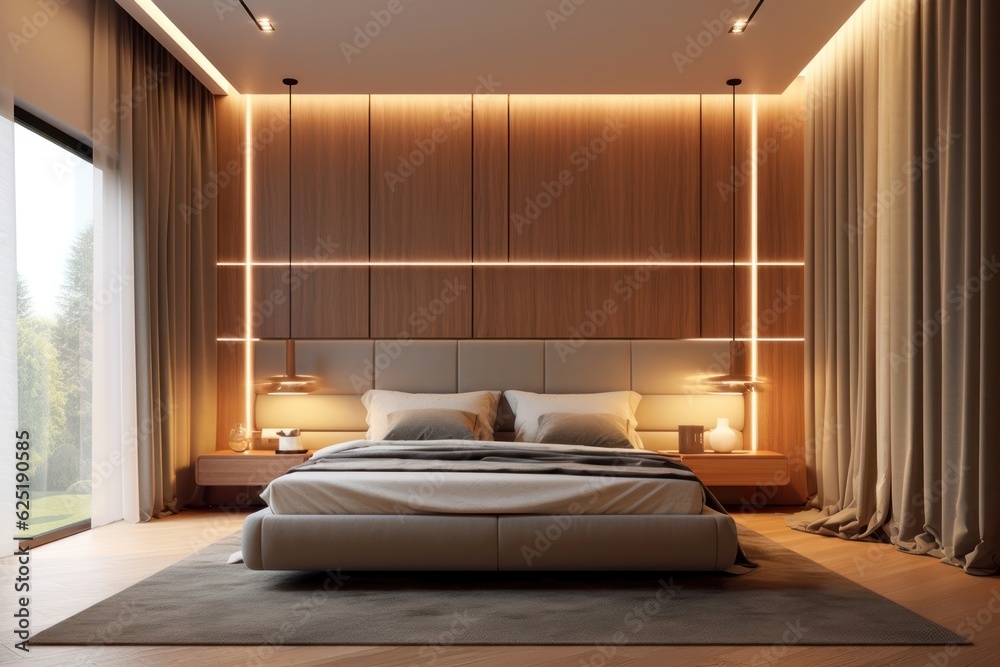 A beautifully designer bedroom, modern loft-style bedoom with sleek furnishings and a spacious design.. A beautifully designer bedroom, modern loft-style bedoom with sleek furnishings and a spacious design..