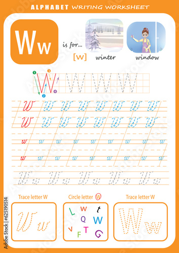 W letter handwriting practice worksheet. Alphabet letter tracing worksheet for kids with games and bright illustrations. Learning alphabet activity page. Printable template.