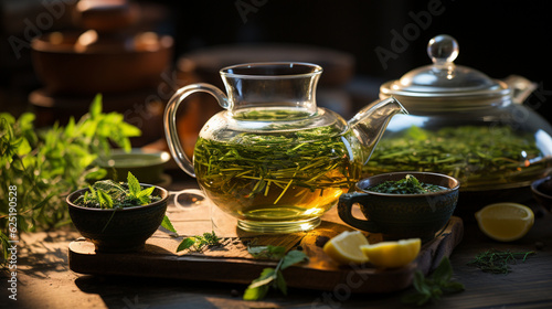 Organic tea leaves and teapot, lifestyle, background, blurred Generative AI