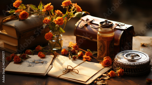 Handwritten letter and vintage stamps, lifestyle, background, blurred Generative AI