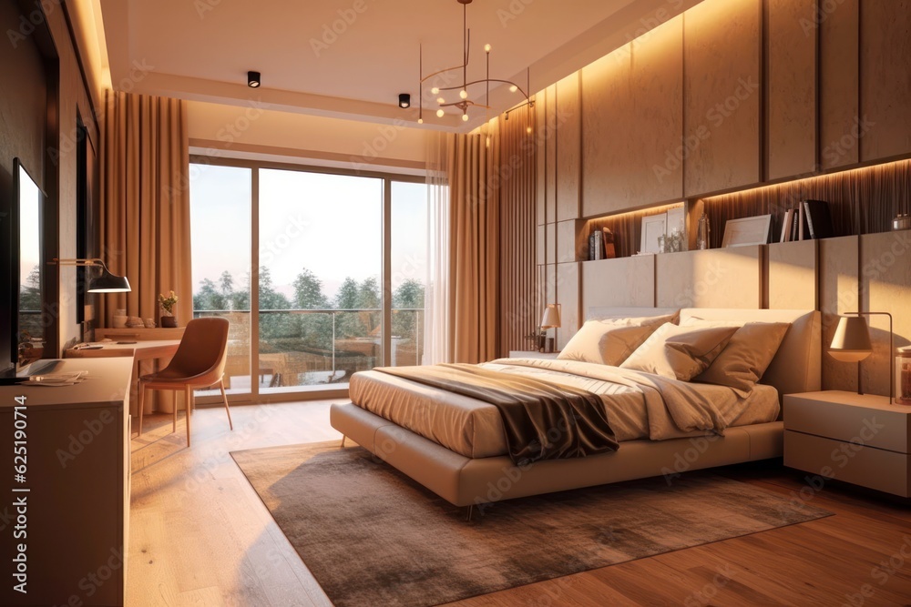 A 3D render showcases a luxurious modern bedroom with grand windows and lavish furnishings..