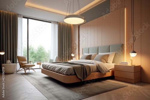Perfectly illuminated loft apartment bedroom featuring an elegant blend of modern design and cozy ambience. Bed fittings and blankets. © aboutmomentsimages