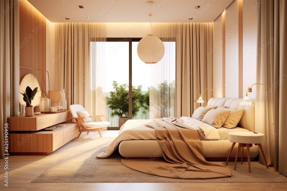 Obraz premium Stylish interior of contemporary bedroom with comfortable bed and luxurious finishings. Details of 3d designer bedroom