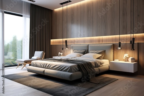 Wide view of a luxury bedroom with simple earthy colors, perfect for a good night's sleep..