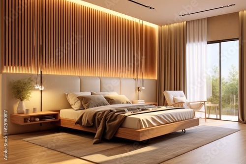 Details of warm and welcoming bedroom with earthy shades and plush bedding.. © aboutmomentsimages