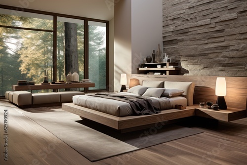 Stylish interior of contemporary room with comfortable bed and luxurious finishings © aboutmomentsimages