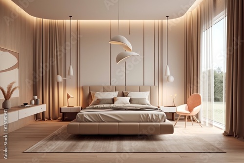 Stylish interior of contemporary bedroom with comfortable bed and luxurious finishings. Details of 3d designer bedroom