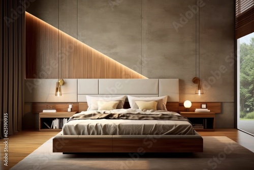 Stylish interior of contemporary room with comfortable bed and luxurious finishings