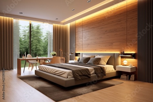 Sleek designer bedroom with chic details and natural wood on walls © aboutmomentsimages
