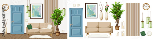 Modern room interior with a sofa, an abstract painting, a blue door, a big ficus tree, and green lamps. Foyer interior design. Furniture set. Interior constructor. Cartoon vector illustration